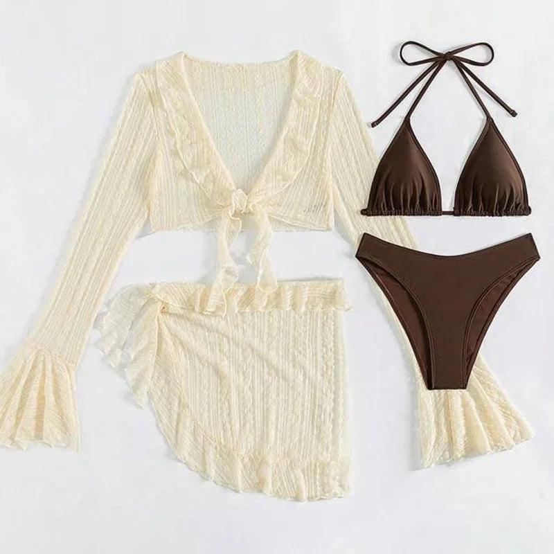 Women's Four-Piece Long-Sleeve Cover-Up Swimwear Set - Stylish Bikini & Beach Cover-Up