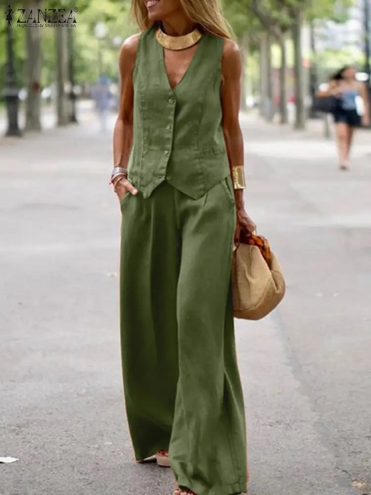 Womens Two Piece Sleeveless Vest Shirt and Trousers - Matching Set