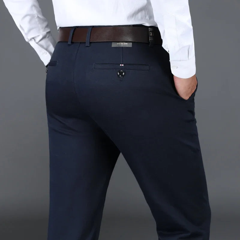 Classic Men's High-Waist Stretch Cotton Straight Trousers