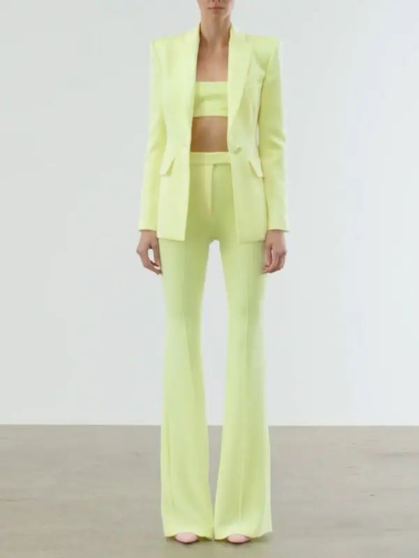 Women's Two-Piece Blazer and Flare Pants Set with Single Button Detail