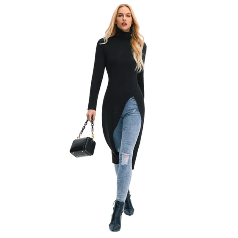 Women's Skinny Fit High-Neck Sweater Dress with Side Slits