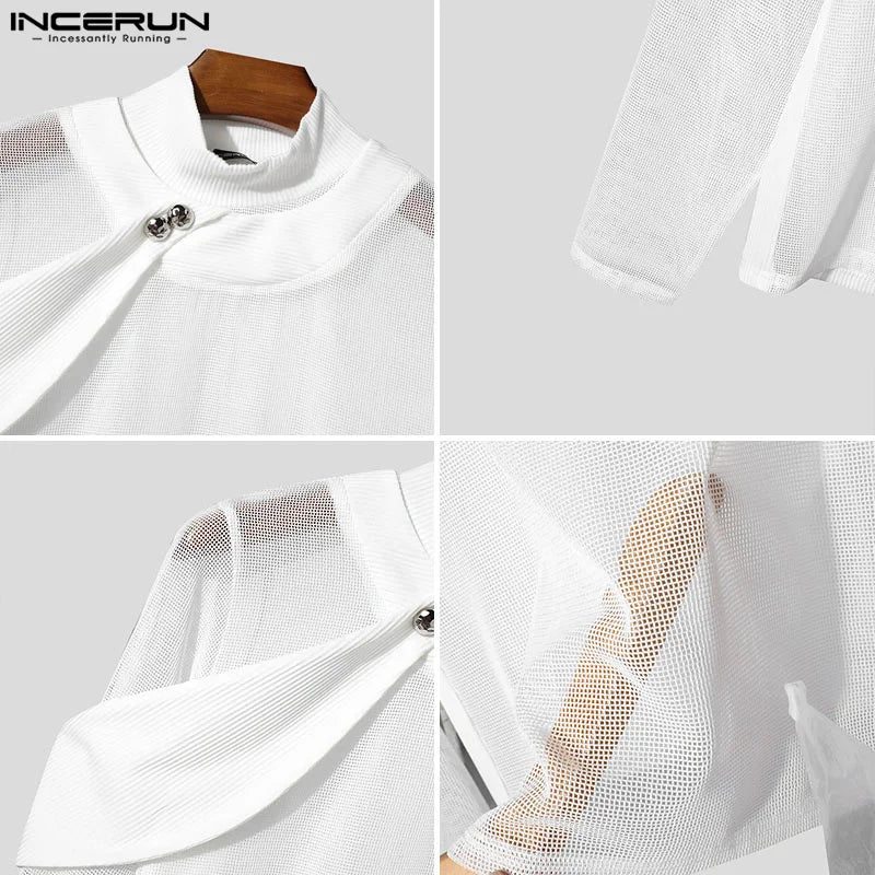 INCERUN Men's Mesh Splicing High Neck Sweater - Thin & Textured Knitwear