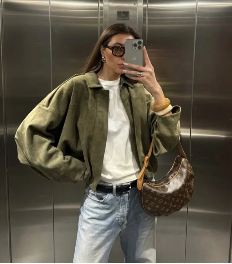 TRAF Womens Faux Suede Bomber Jacket with Loose Lapel