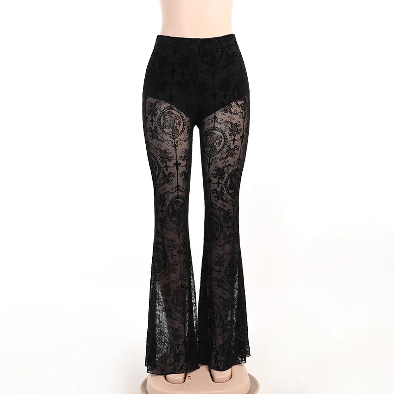 Vintage Flocking Flare Pants for Women - Grunge Style See-Through Mesh High Waist Slim Fit Pants