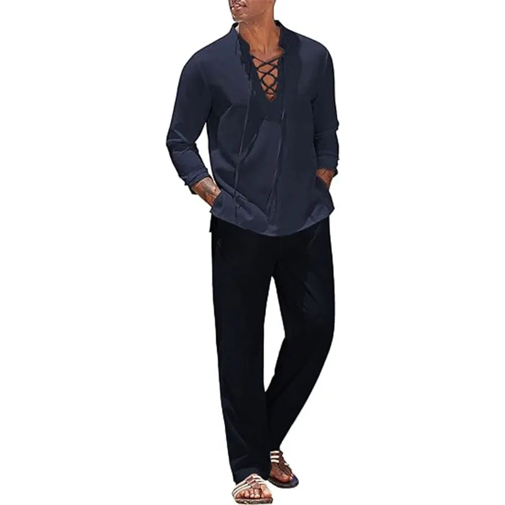 Two Piece Men's Cotton Linen Shirt and Pants Set