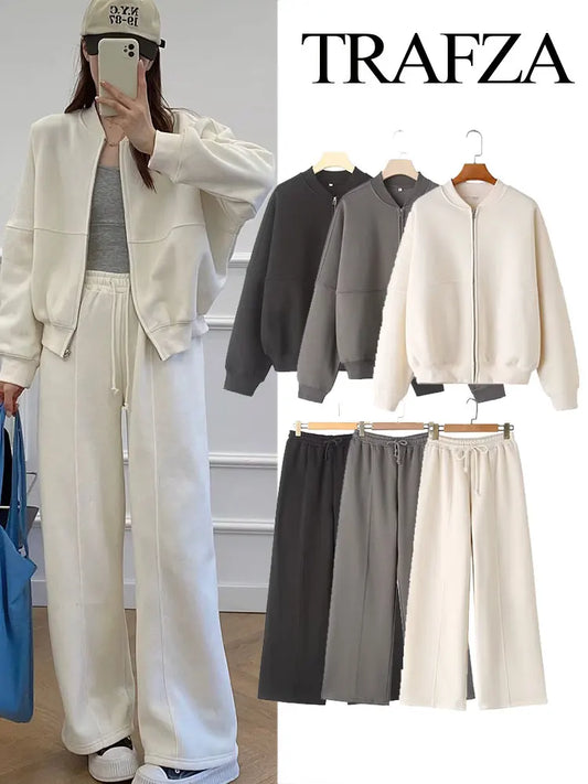 TRAFZA Women's 2-Piece Retro Zipper Jacket & High-Waisted Lace-Up Loose Pants Set