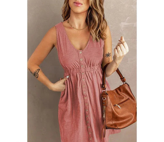 Women’s Sleeveless Button-Down Dress with Elastic Waist – Swing Style, Loose Fit