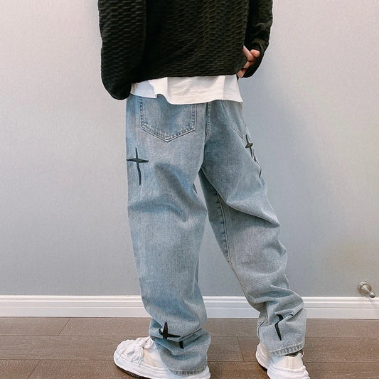 Men's Korean Style Printed Baggy Wide Leg Jeans - Casual Loose Fit Denim with Draped Design