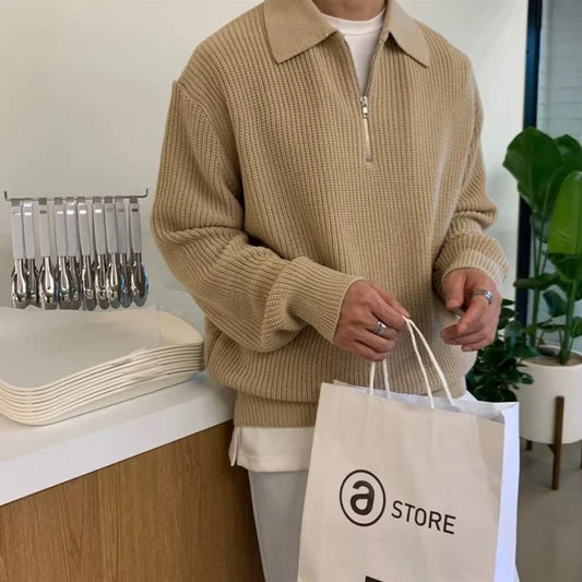 Korean Style Men's Sweater - Fashionable Knitwear with Turn-Down Collar S