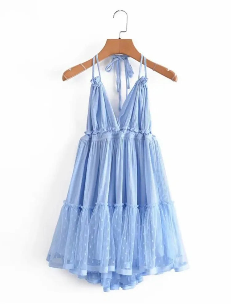 Women's Bow-Back Lacing Halter Collar Mesh Pleated Mini Dress