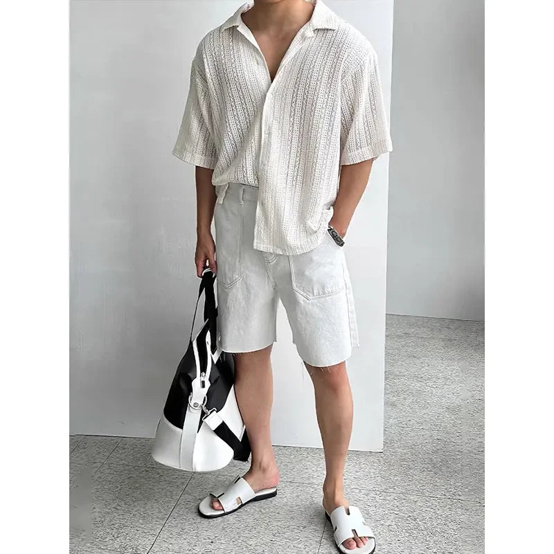 Men's Loose Fit Short-Sleeved Knitted Shirt with Jacquard Collar and Hollow Design