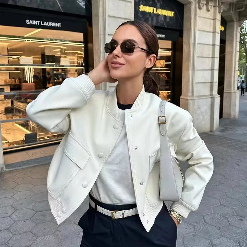 Women's Cropped Bomber Jacket - Button-Up Outerwear with Long Sleeves