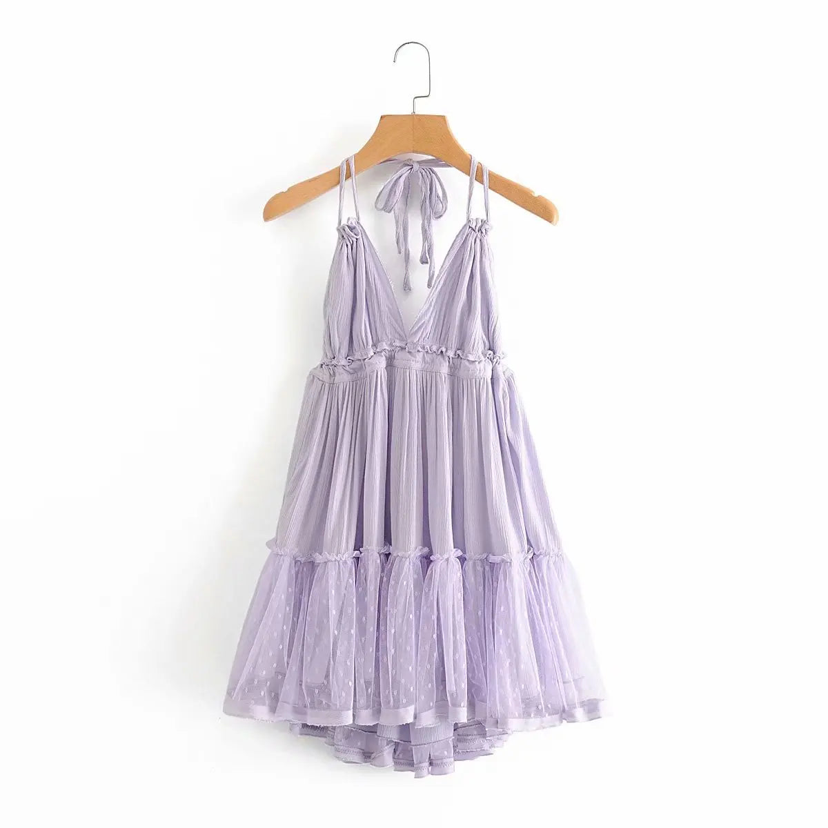Women's Bow-Back Lacing Halter Collar Mesh Pleated Mini Dress