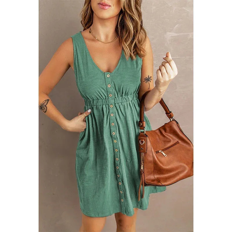 Women’s Sleeveless Button-Down Dress with Elastic Waist – Swing Style, Loose Fit
