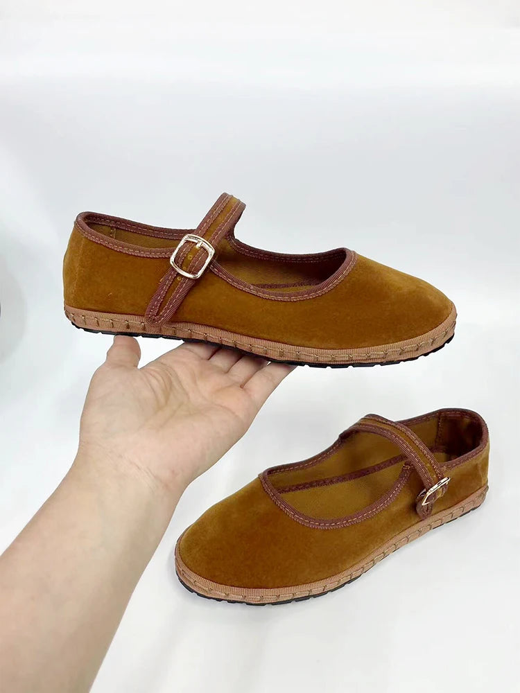 Velvet Mary Jane Flats for Women - Hand-Stitched Casual Shoes