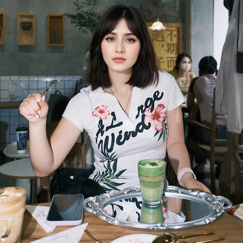 Women's Letter & Floral Print Polo Neck T-Shirt