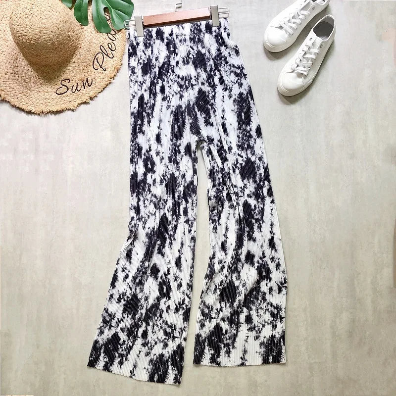 REALEFT Vintage High-Waist Printed Long Pants - Loose Wide Leg Fit- Loose Wide Leg Fit