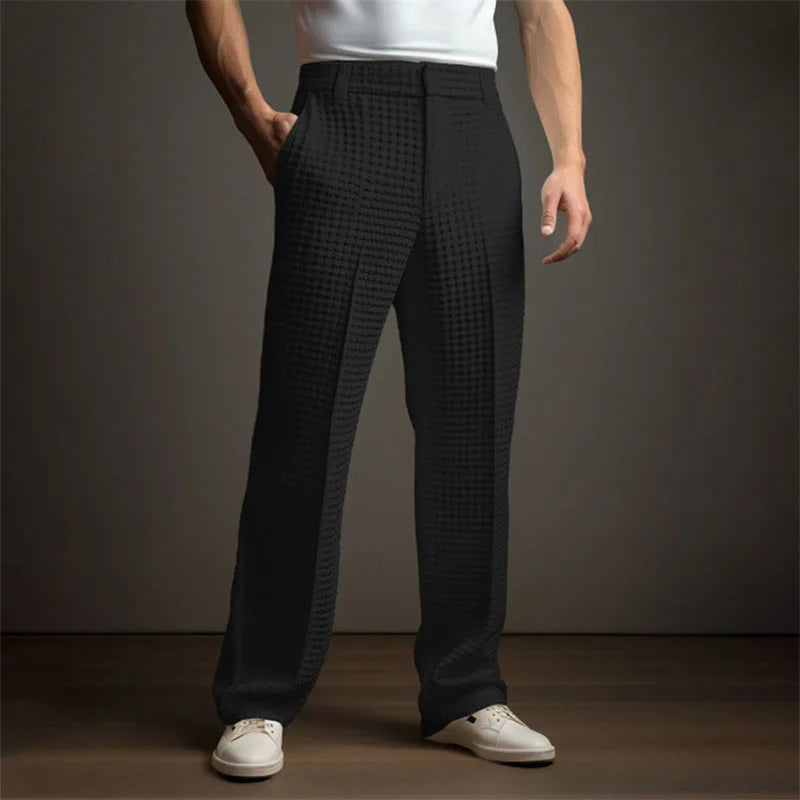 Men's Mid-Waist Twill Straight Leg Pants with Pockets - Casual Long