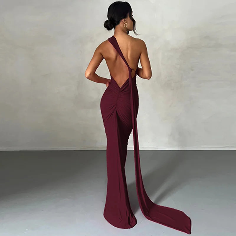 Hugcitar Adjustable Backless Ruched Dress with Single Shoulder and Scarf Loop for Women