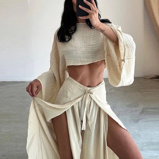 Women's Cotton Linen 2-Piece Long Sleeve Crop Top & Lace-Up Ruffle Pants Set