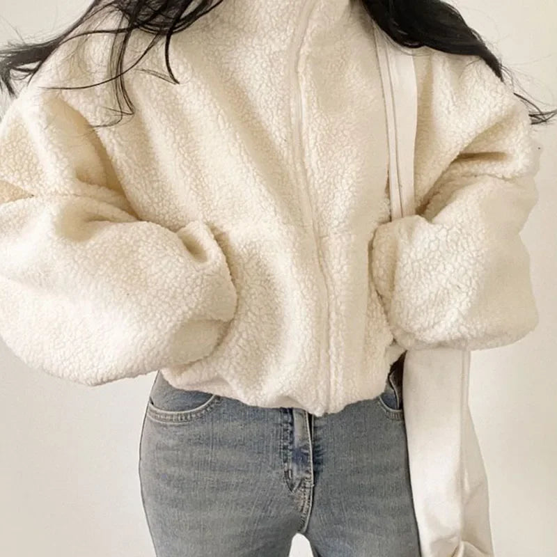 Women's Plush Faux Wool Jacket - Thick Warm Zip-up with Stand Collar