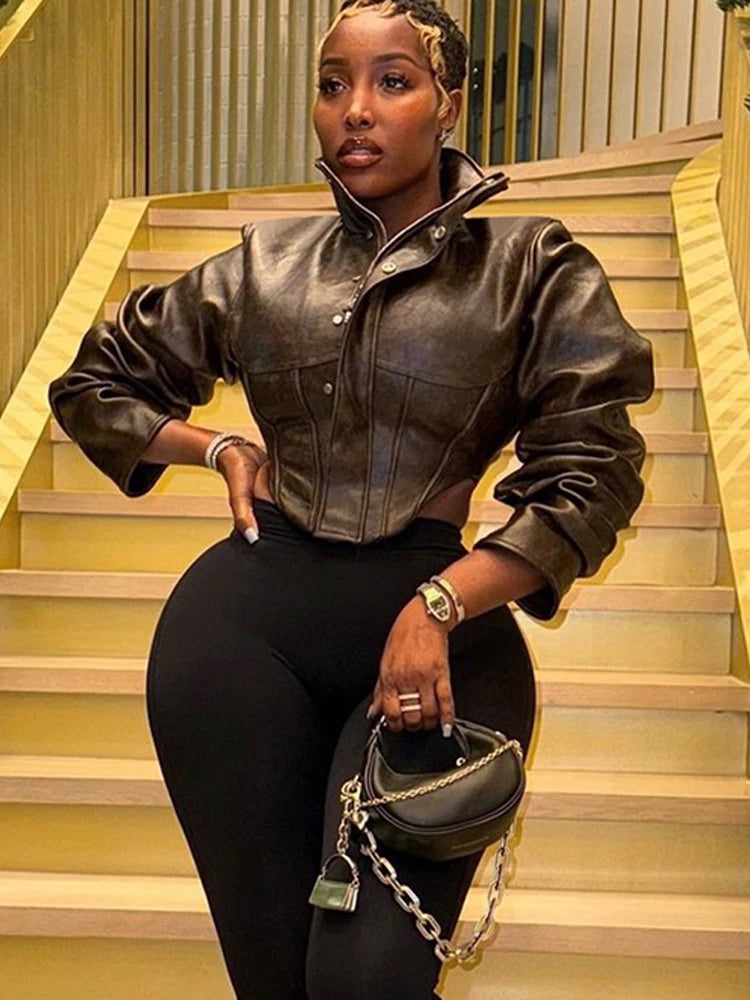 Women's Cropped Turtleneck PU Jacket with Zipper and Button Details
