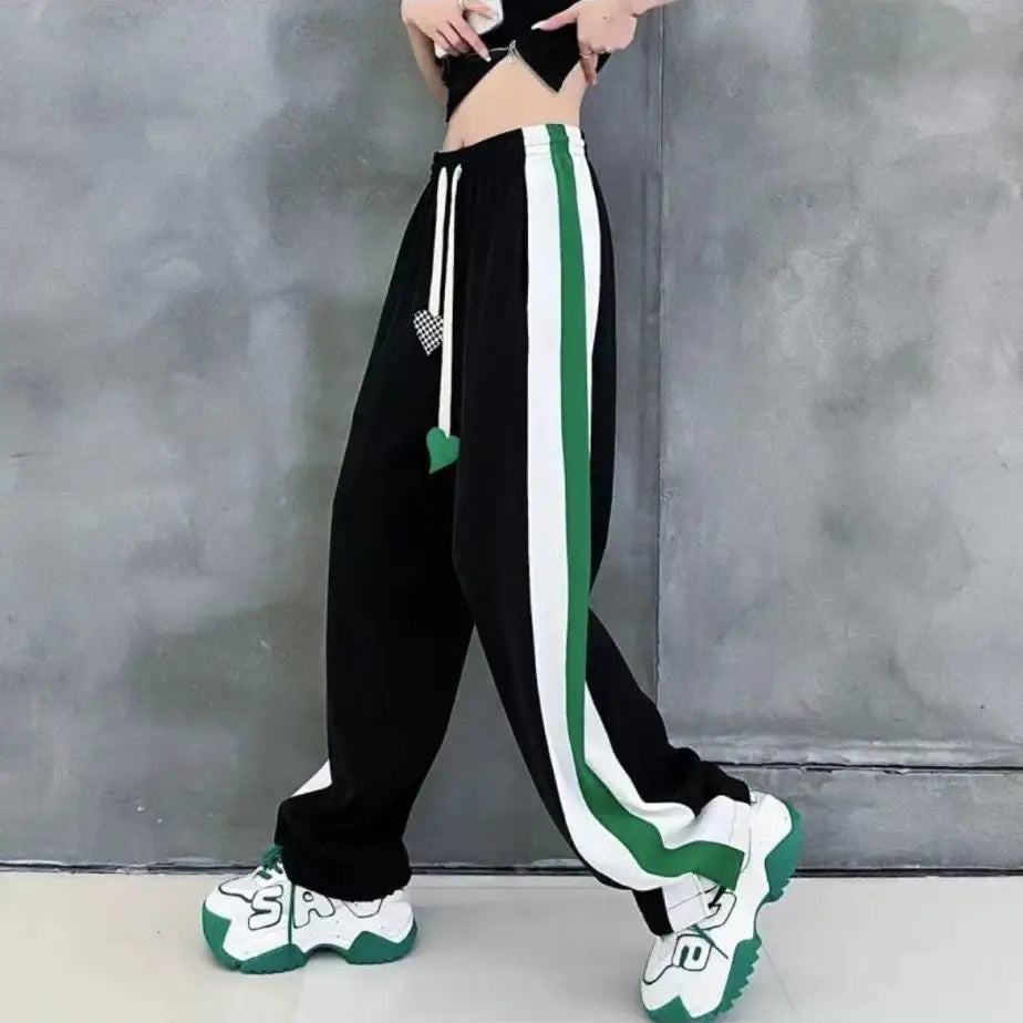 Women’s High Waist Elastic Sweatpants with Drawstring & Striped Design
