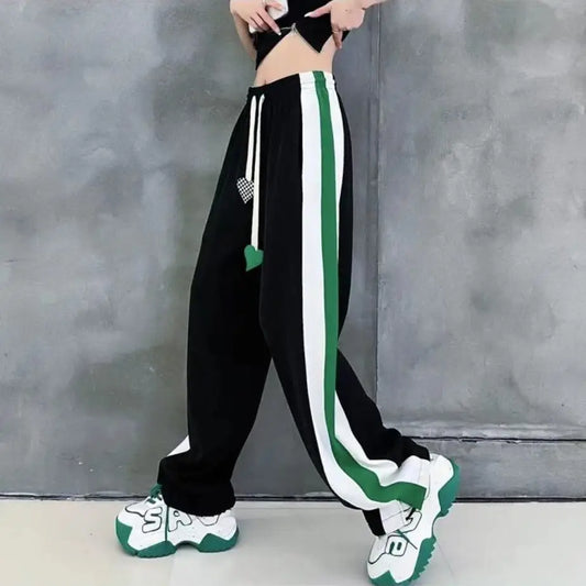 Women’s High Waist Elastic Sweatpants with Drawstring & Striped Design