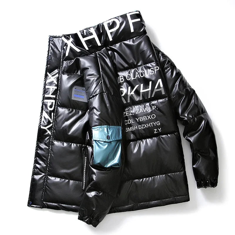 Men's Glossy Thickened Parka Jacket with Stand Collar
