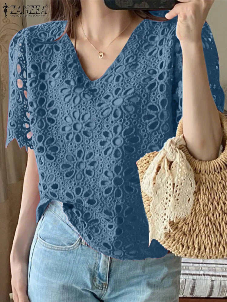 ZANZEA Women's Embroidered V-Neck Blouses - Casual Short Sleeve Hollow Out Lace Top