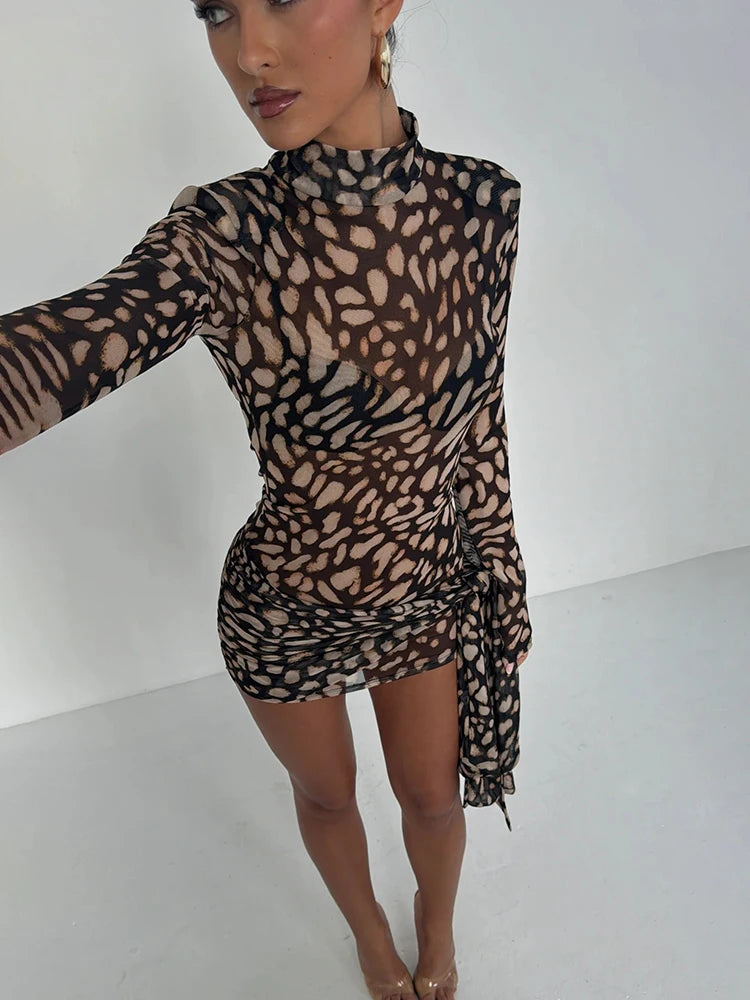 Women’s Sheer Leopard Print Turtleneck Mini Dress with Long Sleeves
