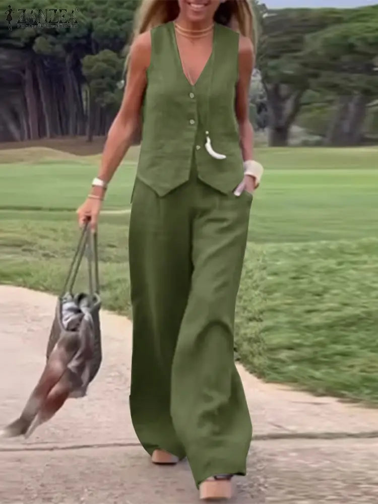 Womens Two Piece Sleeveless Vest Shirt and Trousers - Matching Set