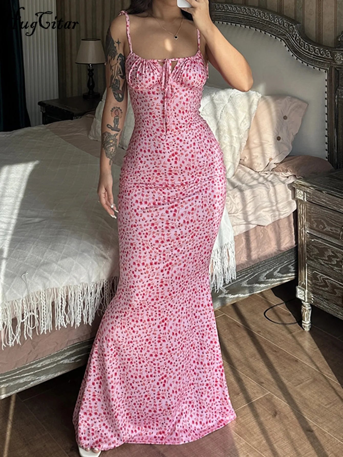 Hugcitar Elegant Floral Print Spaghetti Strap Sheath Dress for Women