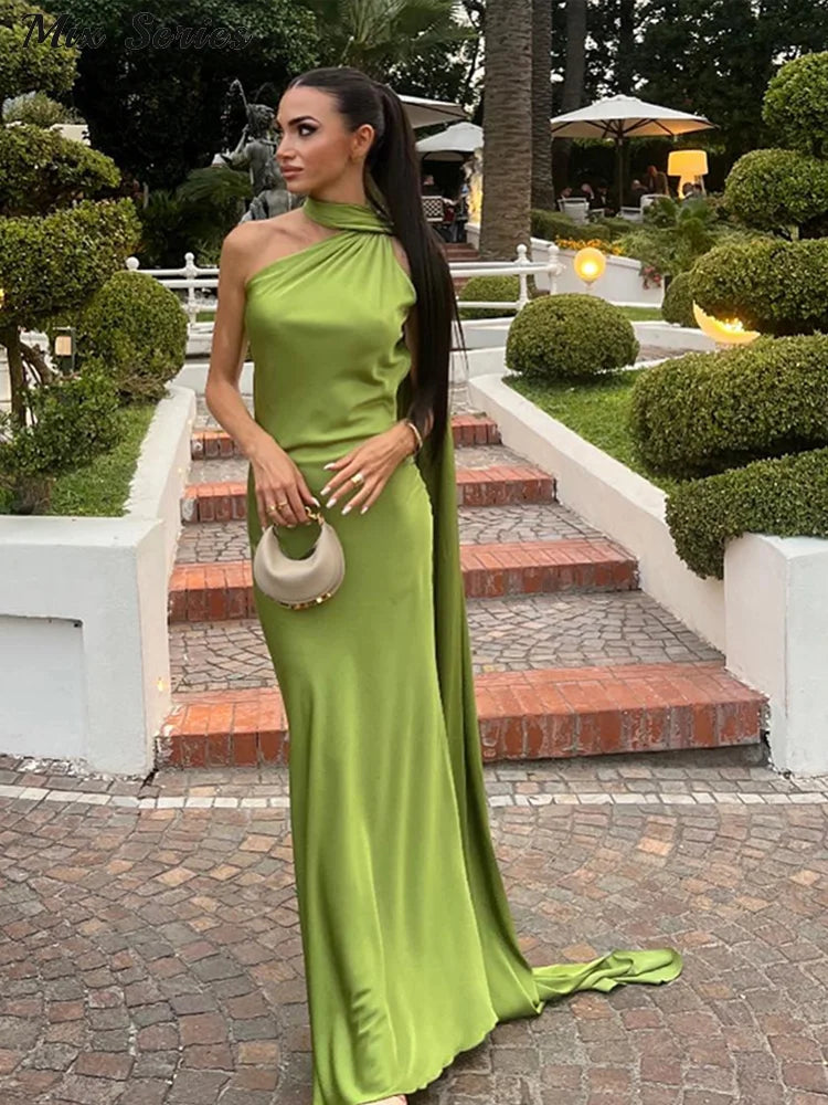Elegant Backless Long Satin Halter Neck Dress for Women