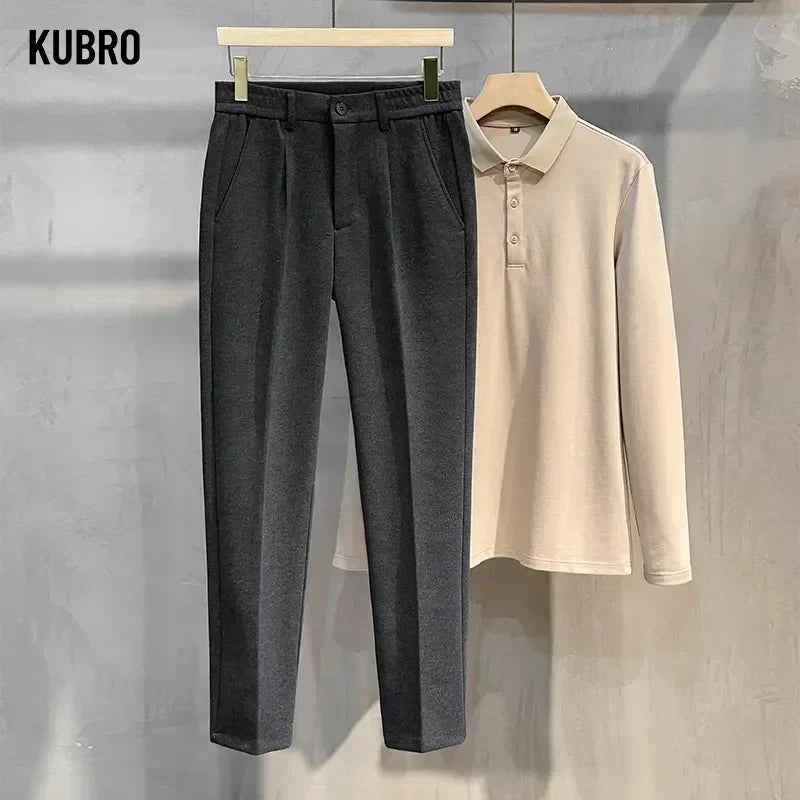 Kubro Men's Thick Elastic-Waist Classic Wool Straight Trousers