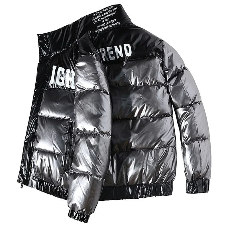 Men's Glossy Thickened Parka Jacket with Stand Collar