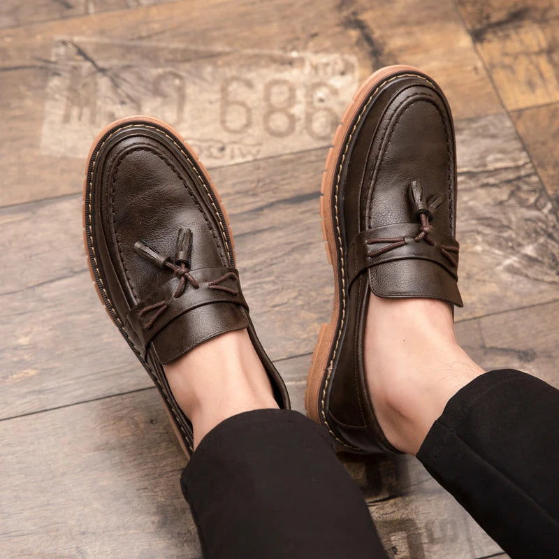 Men's Thick-Sole Leather Slip-On Loafers – Stylish & Comfortable Dress Shoes for Men