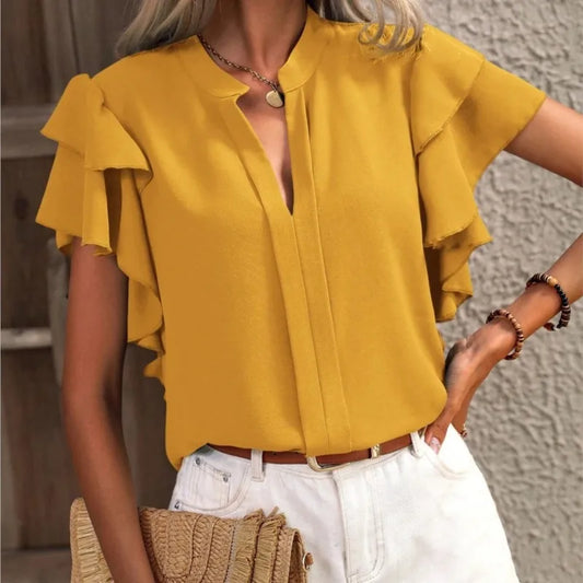 V-Neck Casual Women's Blouse with Double Layer Ruffle Sleeves