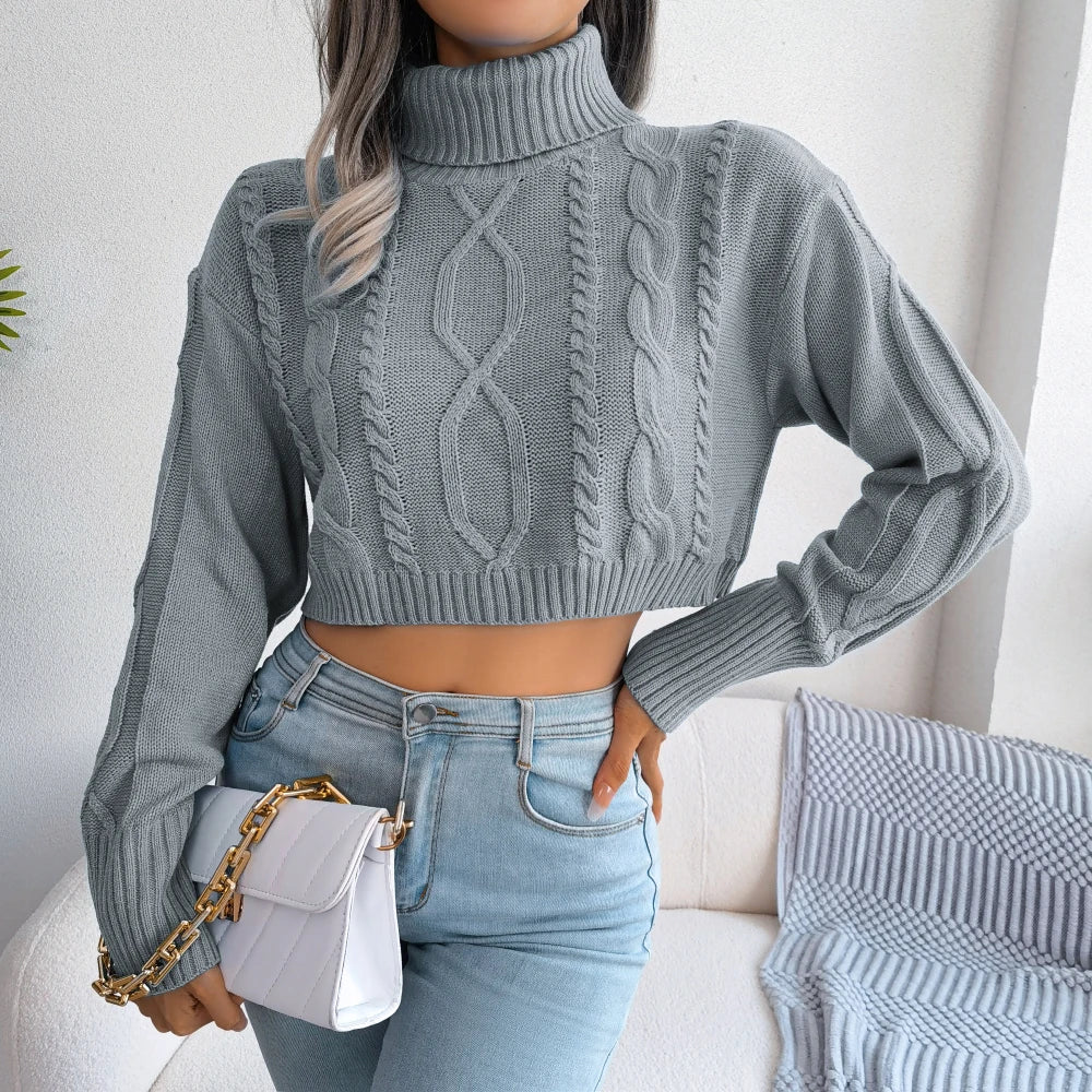 Women’s Long Sleeve Turtleneck Sweater – Casual Knitted Cropped Top