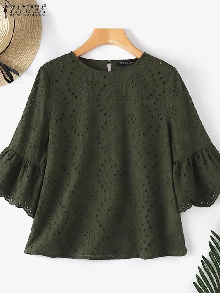 ZANZEA Women's Casual Loose Blouse with Hollow Out Lace Crochet Embroidery