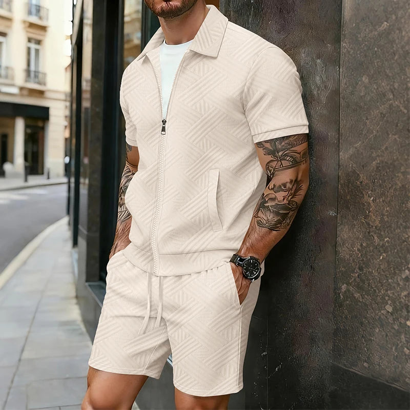 Men's Casual Two-Piece Short Sleeve Polo Shirt and Shorts Set