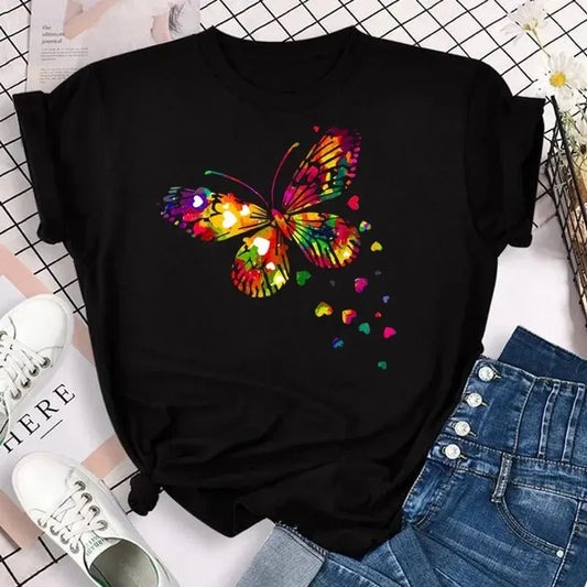 Women's Short Sleeve Round Neck T-Shirt with Colorful Butterfly Petal Print