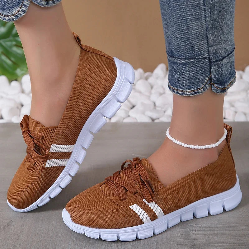 Women's Striped Lace-Up Trainers - Breathable Sneakers with Soft Sole