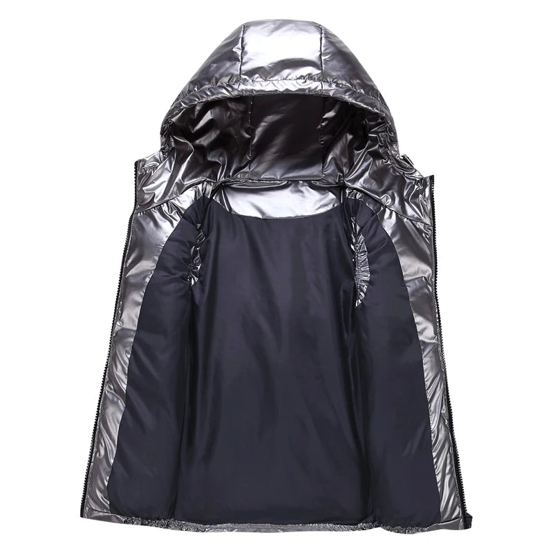 Men's Glossy Hooded Vest Jacket with Zipper Pockets - Classic Fit