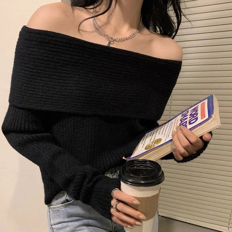 Women's Slash Neck Knitted Sweater - Off-Shoulder Long Sleeve, Thick & Slim Fit Pullover