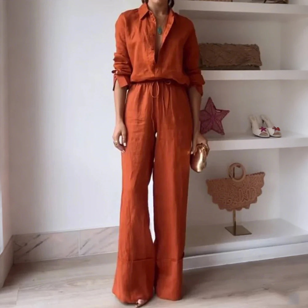 Women's 2-Piece Cotton Linen Drawstring Pants and Lapel Long Sleeve Shirt Set
