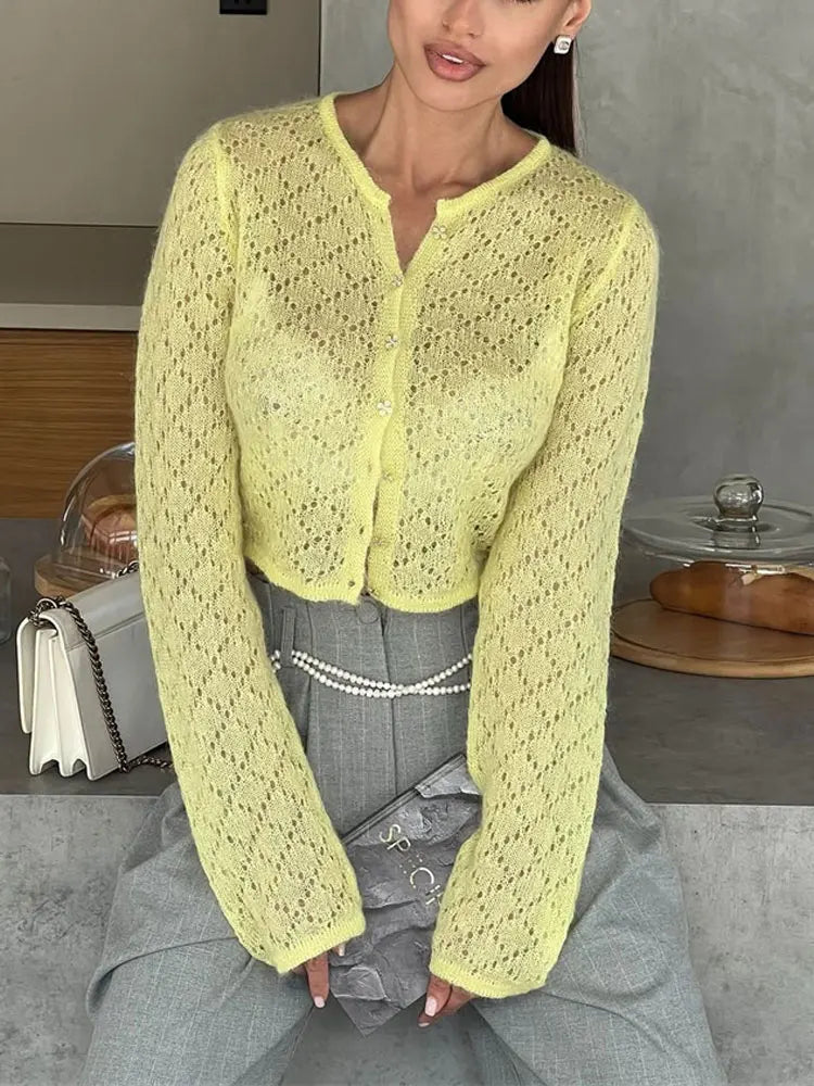 Women's Hollow Out Knit Cardigan - Long Sleeve Casual Cropped See-Through Knitwear