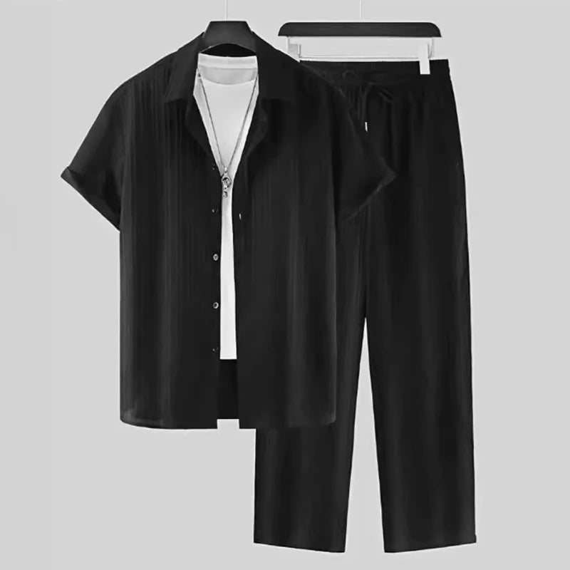 Men's Two-Piece Pleated Short Sleeve Shirt and Drawstring Pants Set