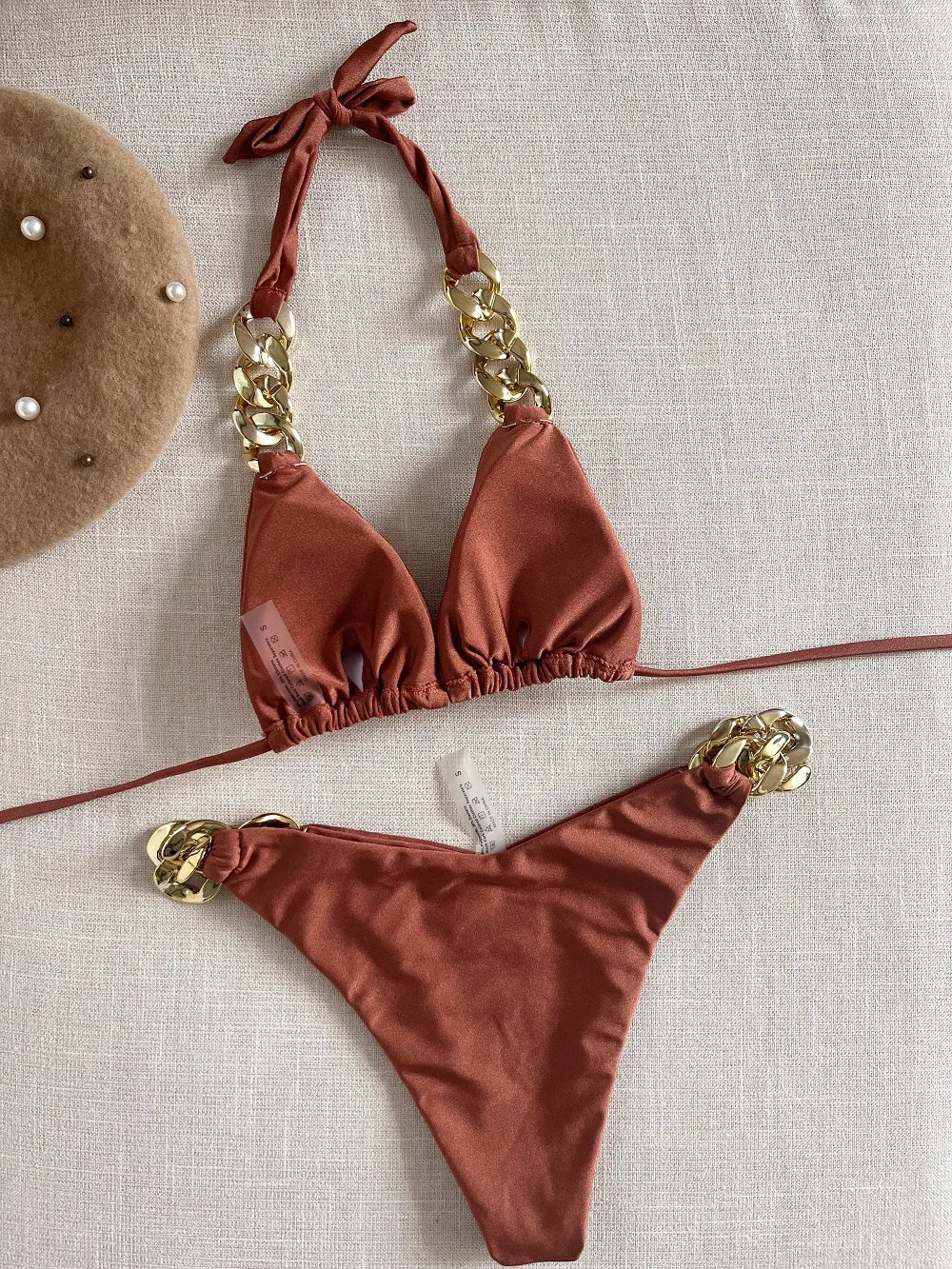 Women's Two-Piece Halter Bikini Set with Push-Up Triangle Top - Various Colors