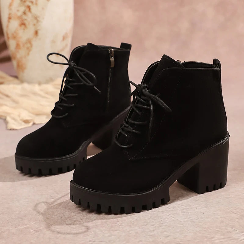 Women's Chunky Heel Ankle Boots with Platform Sole – Side Zip & Lace-Up Design
